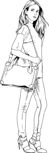 Bella ragazza magra in abiti casual, disegnato con inchiostro a mano schizzo — Vettoriale Stock
