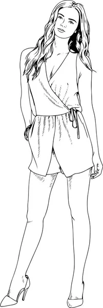 Hermosa chica delgada en ropa casual, dibujado en tinta a mano boceto — Vector de stock