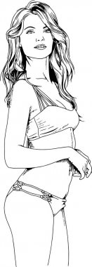 Beyaz bir arka plan üzerinde el ile mürekkeple çizilmiş bir mayo güzel ince kız