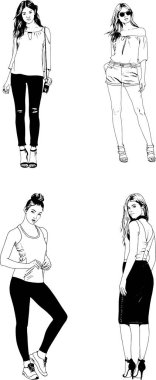 güzel kızlar el ile mürekkeple çizilmiş konulu vektörel çizimler kümesi