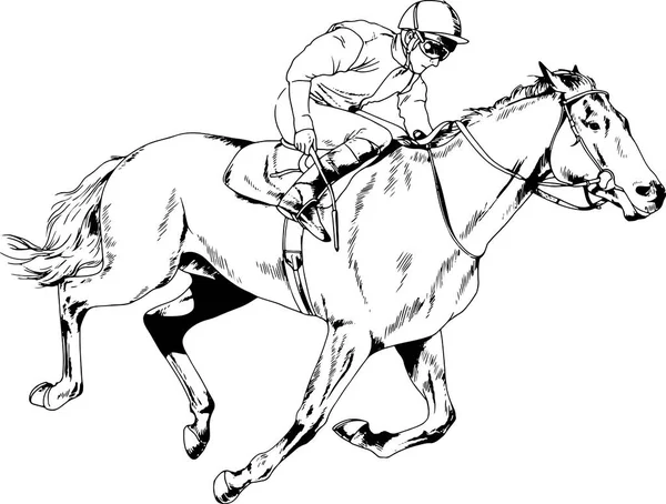 Jockey sobre un caballo galopante pintado con tinta a mano — Vector de stock