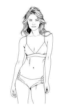 bir mayo mürekkeple elle çizilmiş bir zarif poz güzel ince kız