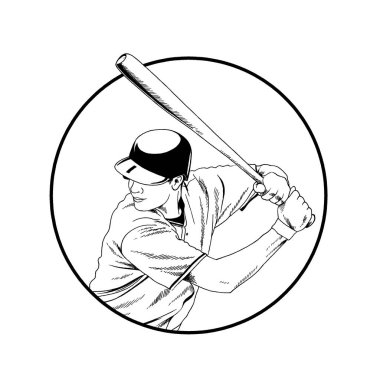 Mürekkep el kroki ile çizilmiş poz sopasıyla beyzbol oyuncusu 