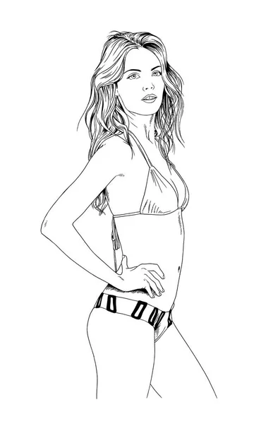 Mooi slank meisje in een zwembroek in een sierlijke pose, met de hand getekend in inkt — Stockfoto