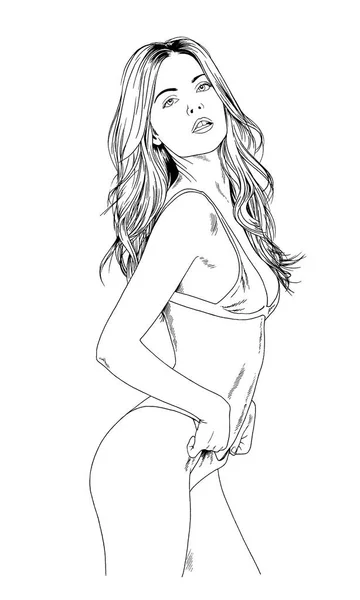 Hermosa chica delgada en un traje de baño en una pose elegante dibujado en tinta a mano — Foto de Stock
