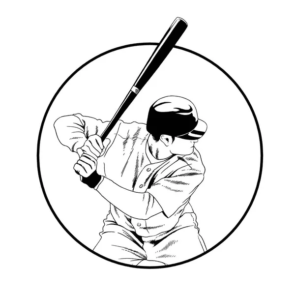 Mürekkep el kroki ile çizilmiş poz sopasıyla beyzbol oyuncusu — Stok fotoğraf