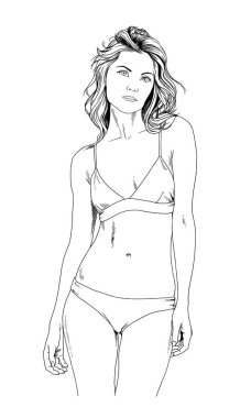 bir mayo mürekkeple elle çizilmiş bir zarif poz güzel ince kız