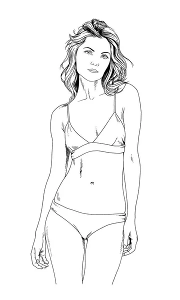 Beautiful slim girl in a swimsuit in a graceful pose drawn in ink by hand — Stock Photo, Image