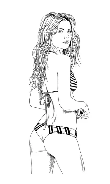 Hermosa chica delgada en un traje de baño en una pose elegante dibujado en tinta a mano —  Fotos de Stock