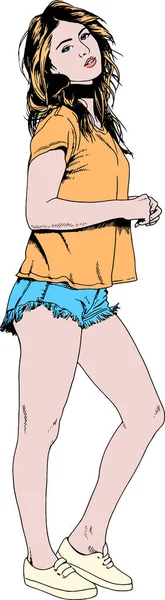 Schönes schlankes Mädchen in lässiger Kleidung, von Hand in Tusche gezeichnet — Stockvektor