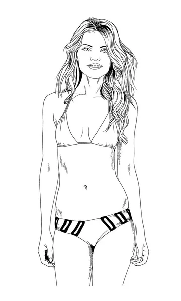Schöne schlanke Mädchen in einem Badeanzug in einer anmutigen Pose in Tinte von Hand gezeichnet — Stockfoto