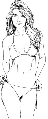 Beyaz bir arka plan üzerinde el ile mürekkeple çizilmiş bir mayo güzel ince kız 