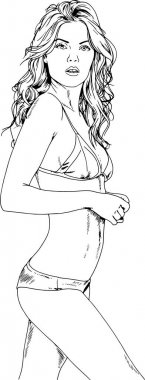 Beyaz bir arka plan üzerinde el ile mürekkeple çizilmiş bir mayo güzel ince kız 