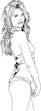 Beyaz bir arka plan üzerinde el ile mürekkeple çizilmiş bir mayo güzel ince kız 