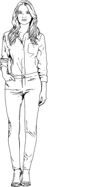 Bela menina magro em roupas casuais, desenhado a tinta à mão —  Vetores de Stock