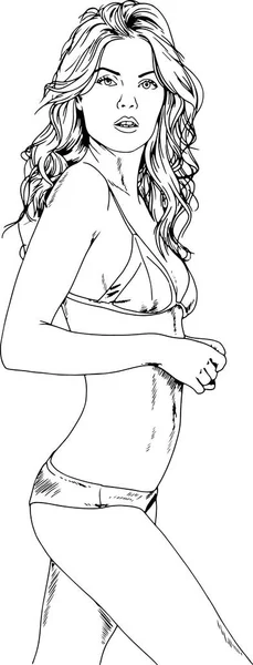 Hermosa chica delgada en un traje de baño dibujado en tinta a mano sobre un fondo blanco — Vector de stock