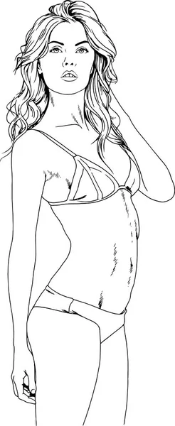 Bella ragazza magra in costume da bagno disegnato a mano con inchiostro su uno sfondo bianco — Vettoriale Stock