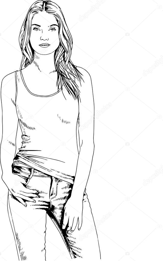 beautiful slim girl in casual clothes, drawn in ink by hand 