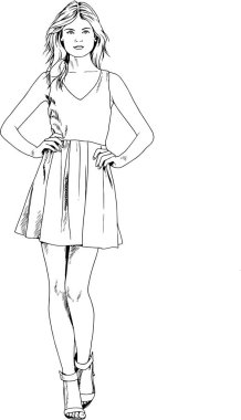 Güzel, sıska bir kız, günlük kıyafetler içinde, beyaz bir arka planda mürekkeple çizilmiş.
