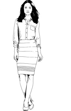 Beyaz bir arka plan üzerinde el ile mürekkeple çizilmiş ince sportif kız