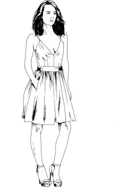 Beyaz bir arka plan üzerinde el ile mürekkeple çizilmiş ince sportif kız