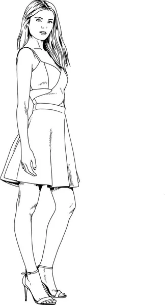 穿着休闲装的漂亮瘦小的女孩 用墨水在白色的背景上手绘 — 图库矢量图片