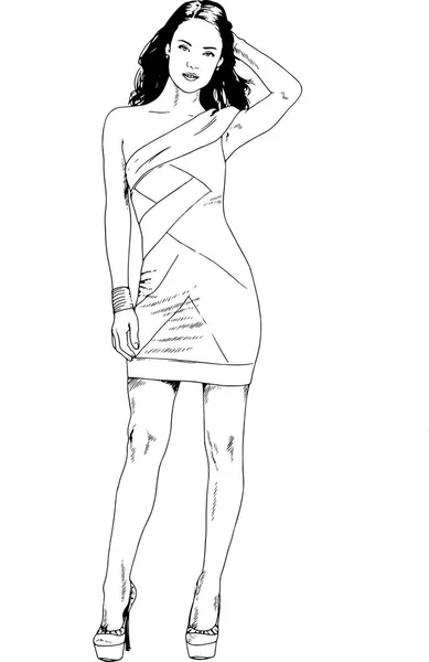 白色背景上手工绘制在油墨中的细长运动型女孩 — 图库矢量图片