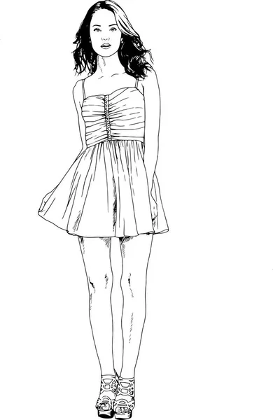 白色背景上手工绘制在油墨中的细长运动型女孩 — 图库矢量图片
