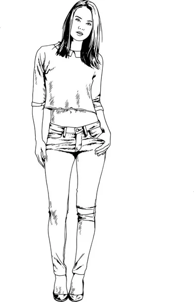 Hermosa Chica Delgada Ropa Casual Dibujado Tinta Mano Sobre Fondo — Vector de stock