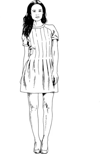 Όμορφη Λεπτή Κοπέλα Casual Ρούχα Ζωγραφισμένα Μελάνι Χέρι Λευκό Φόντο — Διανυσματικό Αρχείο