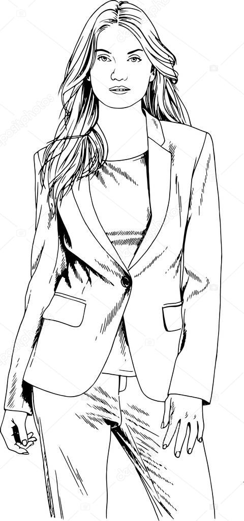 beautiful slim girl in casual clothes, drawn in ink by hand on a white background