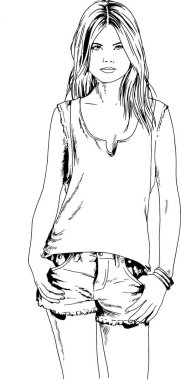 Güzel, sıska bir kız, günlük kıyafetler içinde, beyaz bir arka planda mürekkeple çizilmiş.