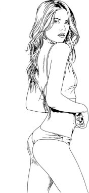 bir mayo mürekkeple beyaz bir arka plan üzerinde el ile çizilmiş bir zarif poz güzel ince kız