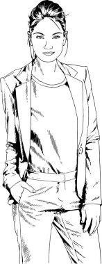 Güzel, sıska bir kız, günlük kıyafetler içinde, beyaz bir arka planda mürekkeple çizilmiş.