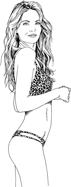 Hermosa Chica Delgada Traje Baño Una Pose Elegante Dibujado Tinta — Vector de stock