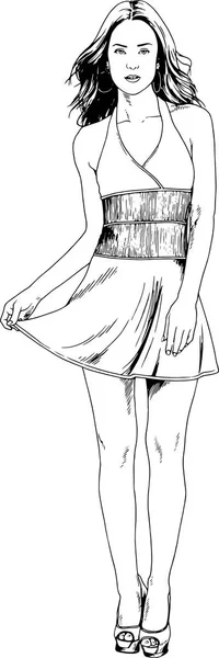 Gadis Cantik Langsing Dengan Pakaian Kasual Digambar Dalam Tinta Dengan - Stok Vektor