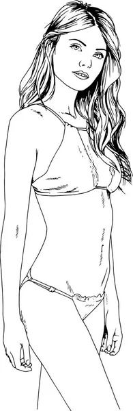 Beautiful Slim Girl Swimsuit Drawn Ink Hand White Background Logo — Stock Vector