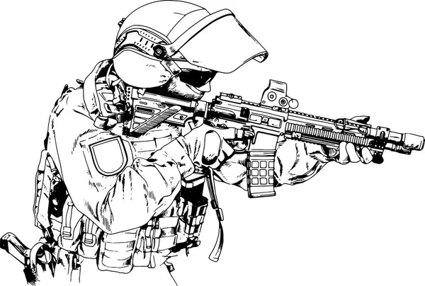 白い背景の上の手によってインクで描かれた特殊部隊の形で銃を持つ兵士を攻撃します — ストックベクタ