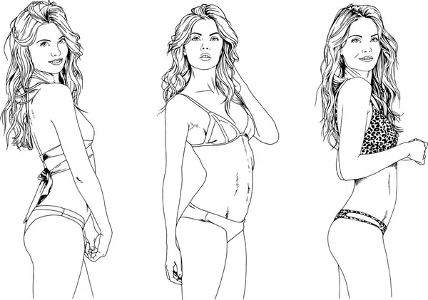 Dibujos Vectoriales Bocetos Hermosas Chicas Rubias Trajes Baño Poses Sexuales — Vector de stock