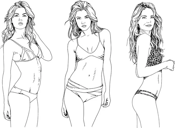 Dibujos Vectoriales Bocetos Hermosas Chicas Rubias Trajes Baño Poses Sexuales — Vector de stock