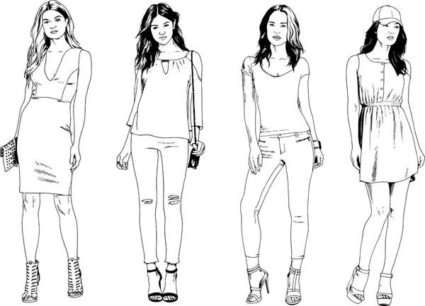 Vector Drawings Theme Beautiful Slim Sporty Girl Casual Clothes Various — Stock Vector