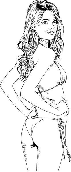 白地ロゴの手によってインクで描かれた水着で美しいスリムな女の子 — ストックベクタ