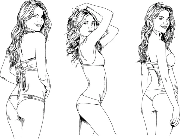 Dessins Vectoriels Croquis Belles Filles Blondes Maillot Bain Dans Des — Image vectorielle