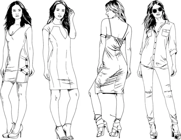 Dibujos Vectoriales Sobre Tema Hermosa Chica Deportiva Delgada Ropa Casual — Vector de stock