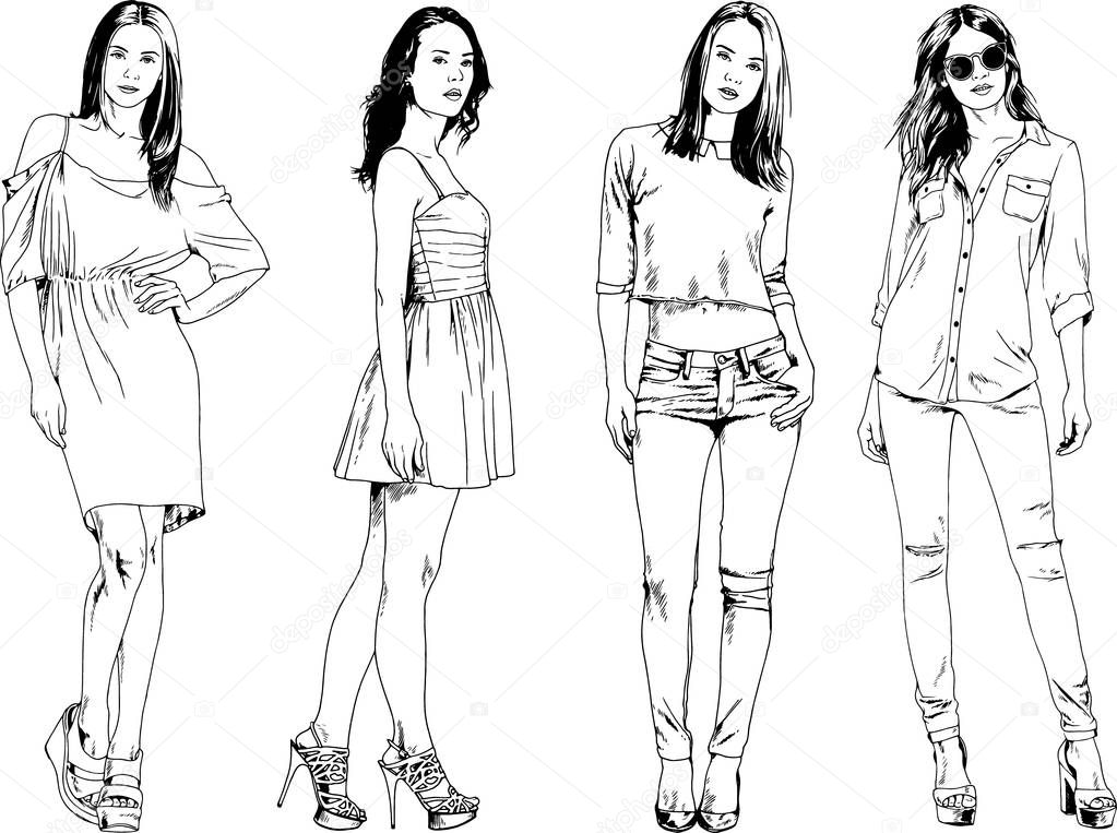 vector drawings on the theme of beautiful slim sporty girl in casual clothes in various poses painted ink hand sketch with no background