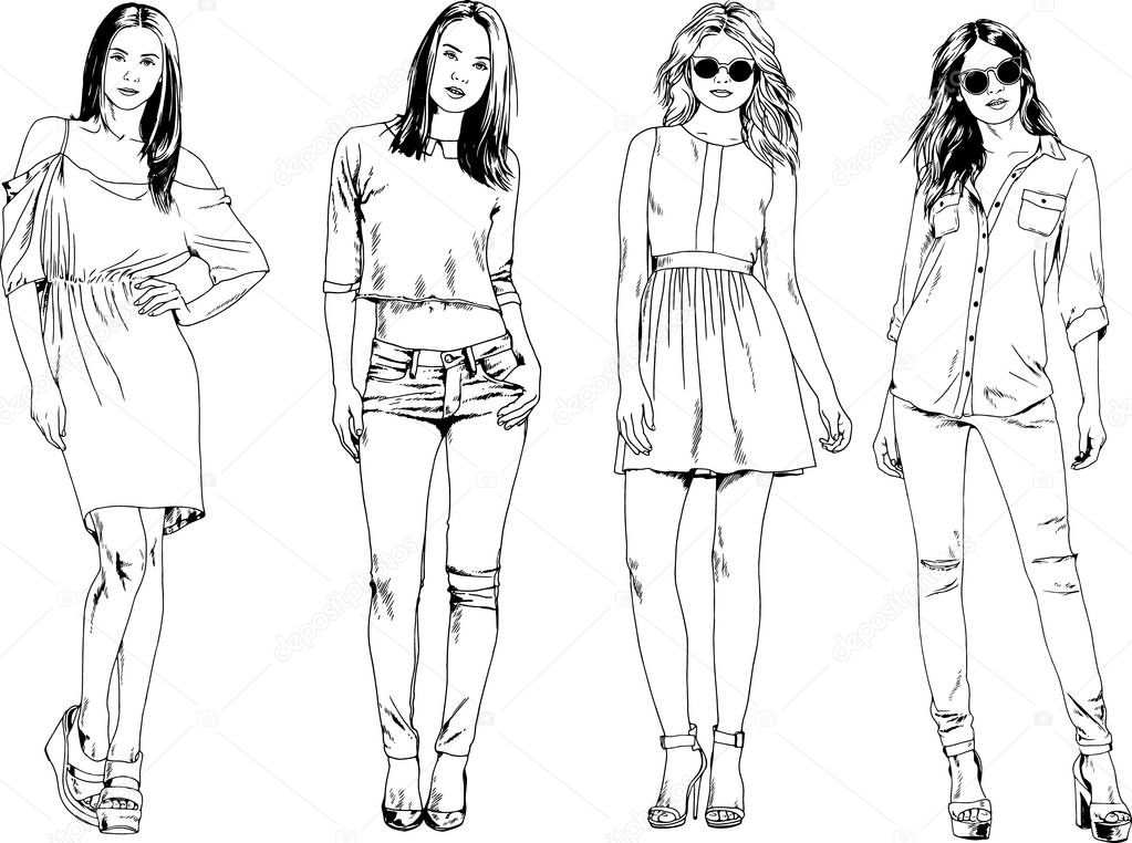 vector drawings on the theme of beautiful slim sporty girl in casual clothes in various poses painted ink hand sketch with no background