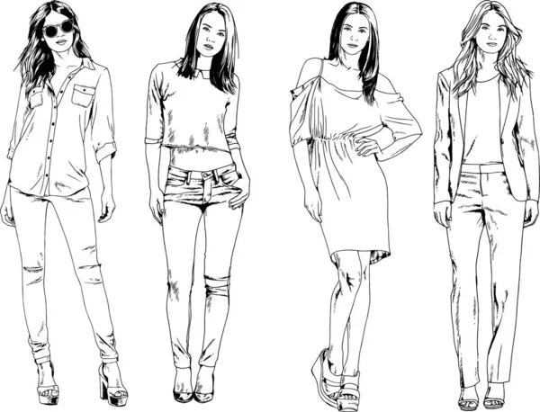 Dibujos Vectoriales Sobre Tema Hermosa Chica Deportiva Delgada Ropa Casual — Vector de stock