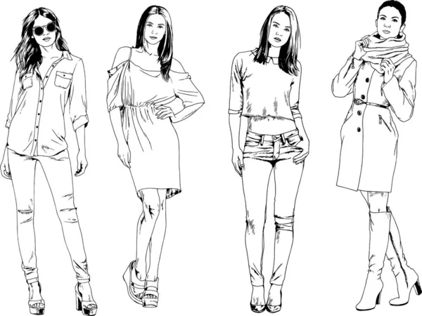 Desenhos Vetoriais Sobre Tema Menina Desportiva Magro Bonita Roupas Casuais — Vetor de Stock