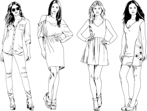 Desenhos Vetoriais Sobre Tema Menina Desportiva Magro Bonita Roupas Casuais — Vetor de Stock