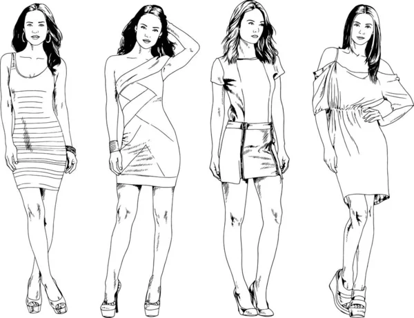 Dibujos Vectoriales Sobre Tema Hermosa Chica Deportiva Delgada Ropa Casual — Vector de stock